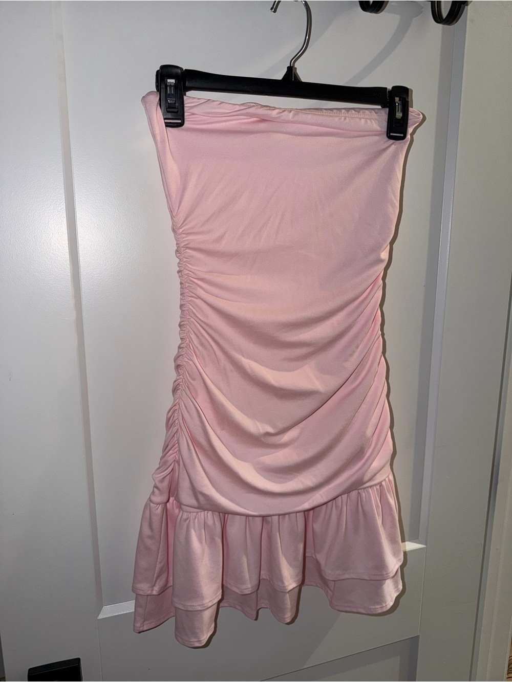 Strapless Ruched Pink Dress with Ruffle Hem